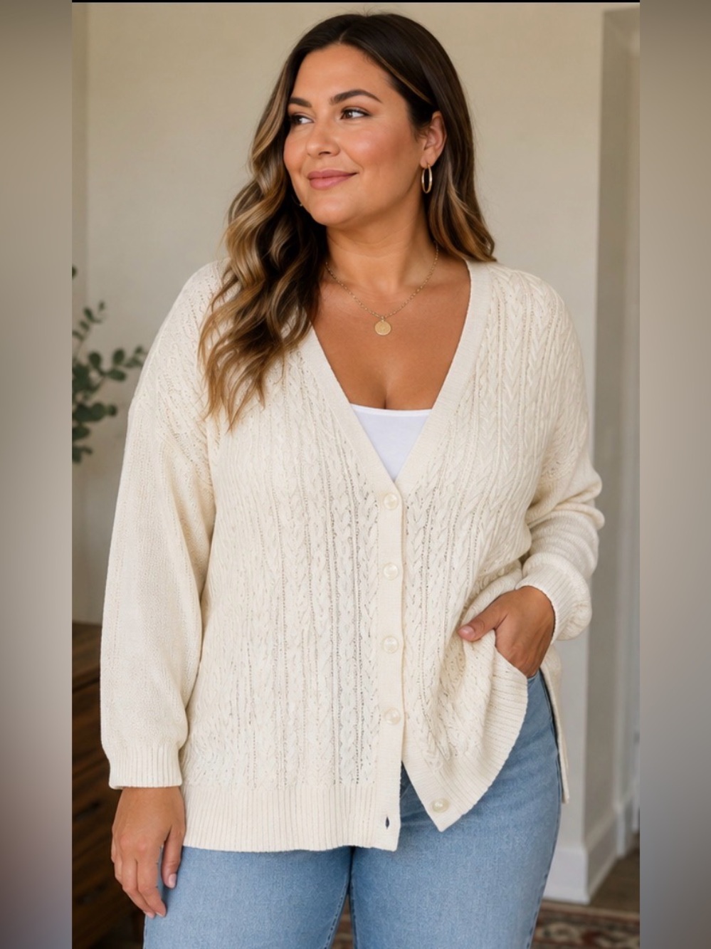 Lauren Ralph Lauren 3X Cream Cable Knit Button Front Cardigan Linen Cotton